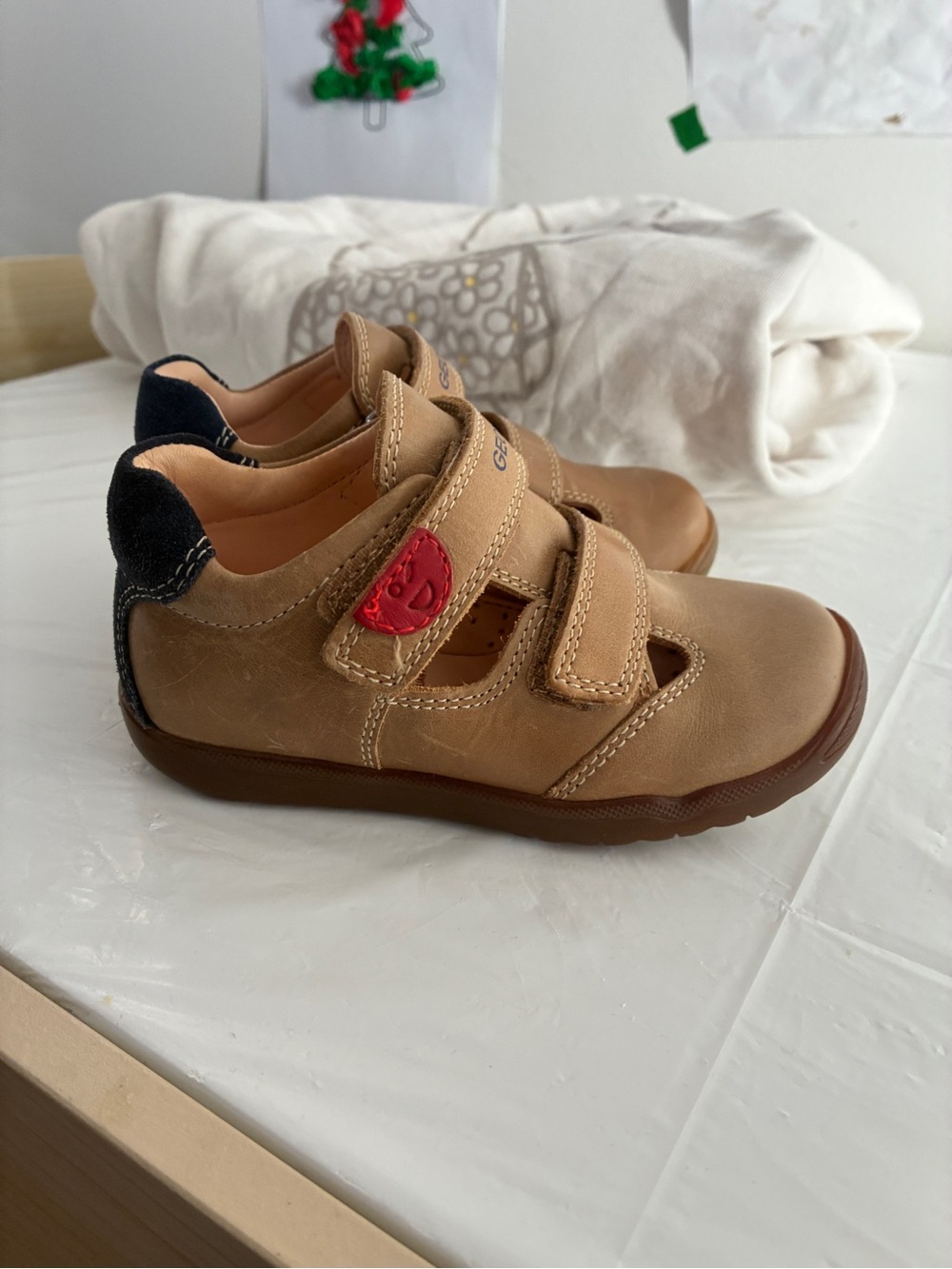 Geox Tan Leather Kids Sandals with Navy Heel and Red Accent